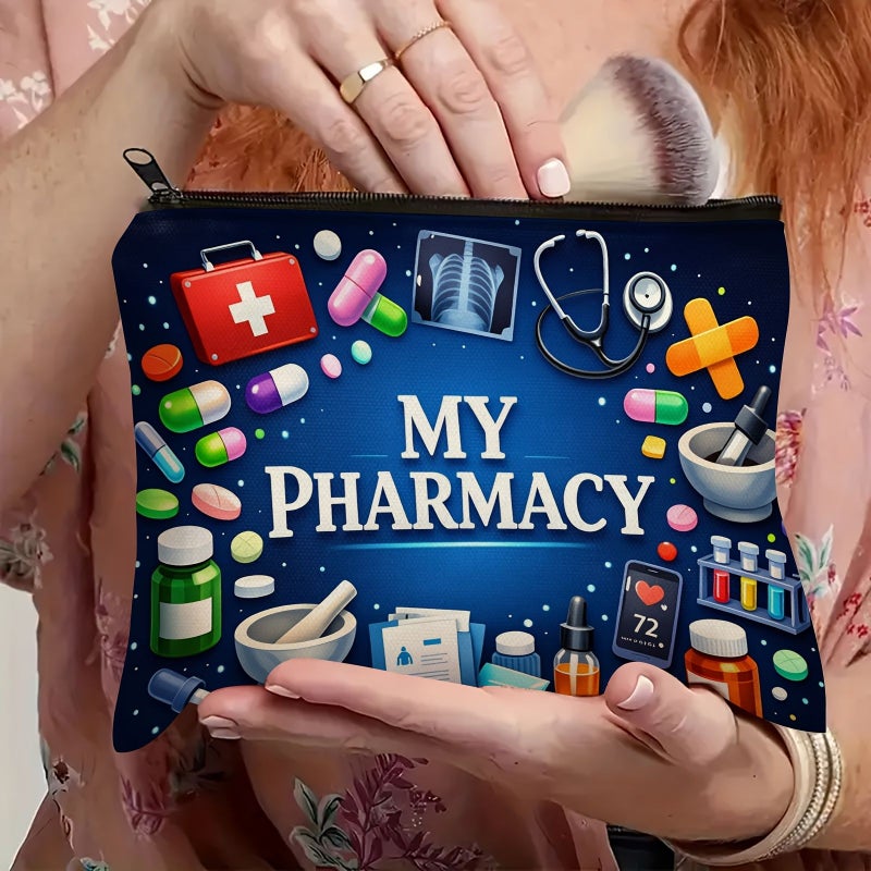 A Uniquely Stylish Pharmacy Print Makeup Bag 22x18cm With Zipper Closure For Cosmetics Toiletries Sunscreen Medicine Pills Travel Organizer Gift For Friends Healthcare Workers - Image 5