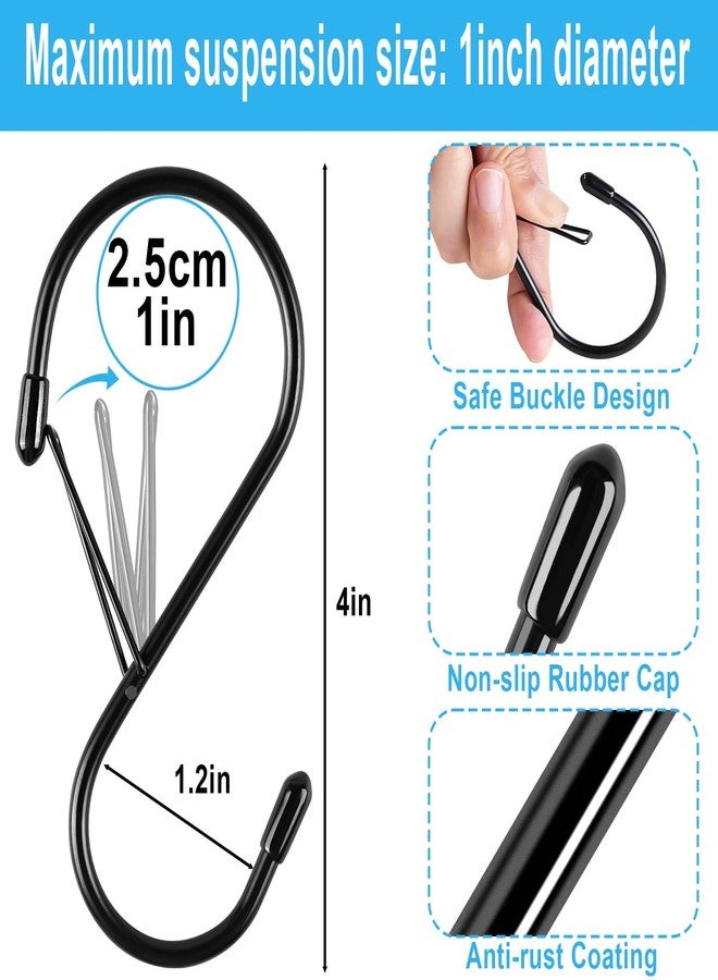 Dreecy S Hooks for Hanging Plants, 4 Inch Lager Heavy Duty S Hooks with Safety Buckle & Stopper Non Slip, 10 Pack Black Metal Closet S Hook for Hanging Clothes, Kitchen Utensil, Jeans, Curtains, Towels, Bag - Image 2