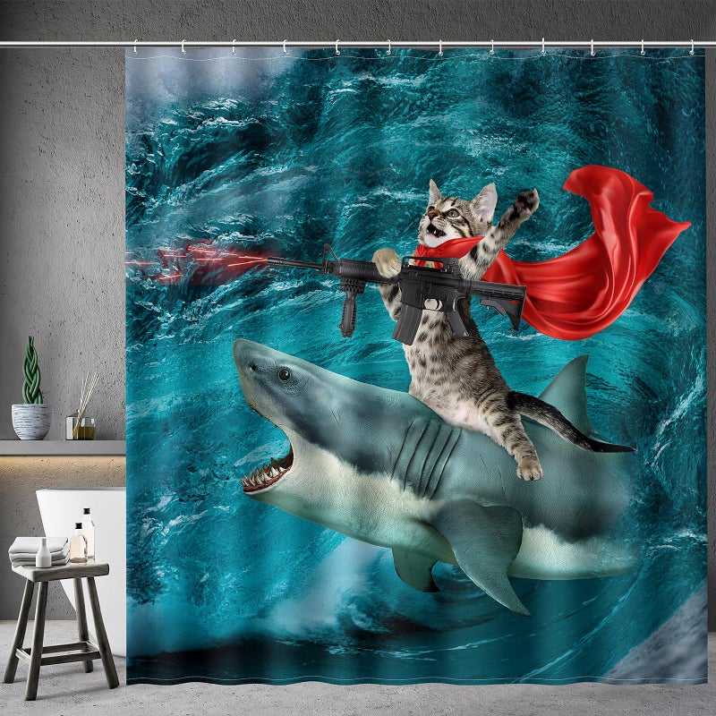 Aimego Funny Shark Cat Shower Curtain - Cute Cat Riding Shark in Ocean Fun Shower Curtains Set with 12 Hooks for Adults Bathroom Decor Accessories, 72"x72", Blue Red - Image 1