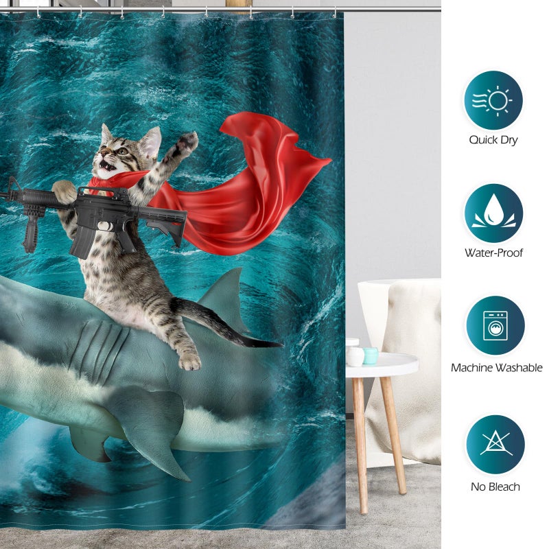 Aimego Funny Shark Cat Shower Curtain - Cute Cat Riding Shark in Ocean Fun Shower Curtains Set with 12 Hooks for Adults Bathroom Decor Accessories, 72"x72", Blue Red - Image 5