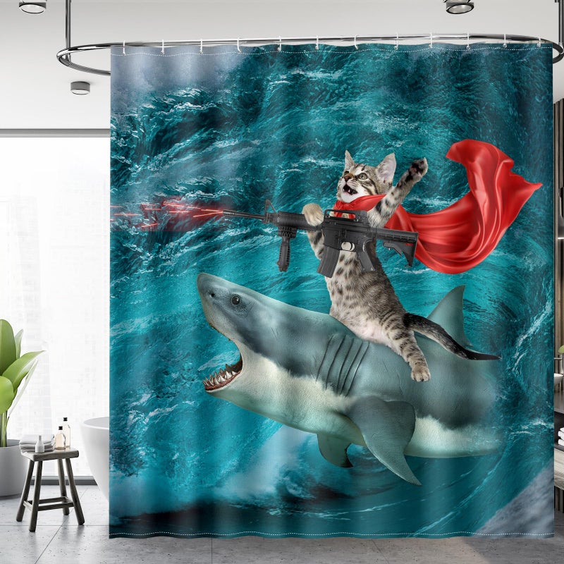 Aimego Funny Shark Cat Shower Curtain - Cute Cat Riding Shark in Ocean Fun Shower Curtains Set with 12 Hooks for Adults Bathroom Decor Accessories, 72"x72", Blue Red - Image 2