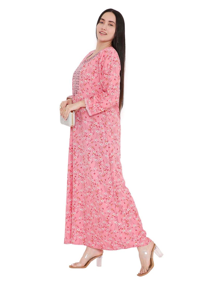 HANA & SARA ELEGANT FARASHA WITH UNIQUE THREAD EMBROIDERY AND STYLISH PRINTED MODEST ARABIC KAFTAN JALABIYA DRESS  - Image 4
