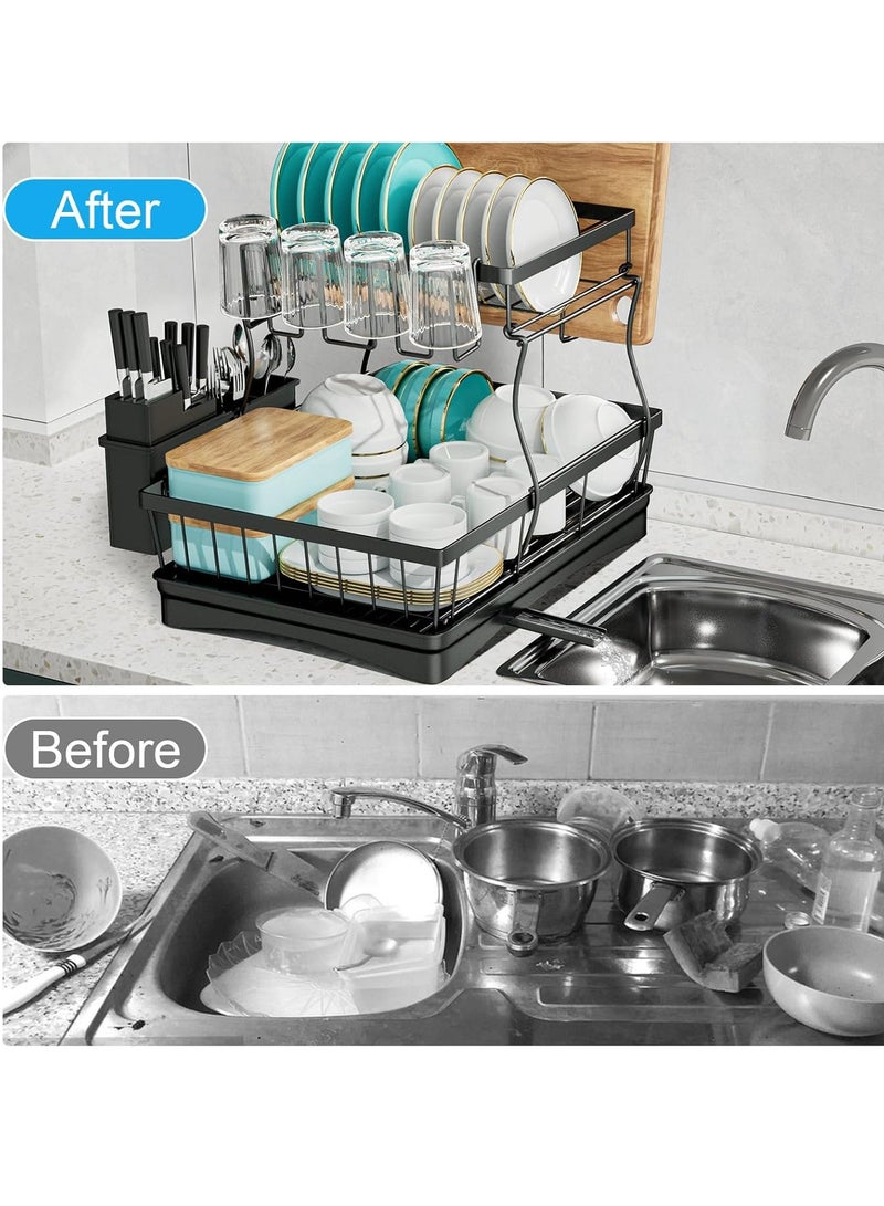Meishida Large Dish Drying Rack for Kitchen Counter,Detachable Large Capacity Dish Drainer Organizer with Utensil Holder,2-Tier Dish Drying Rack with Drain Board - Black - Image 5