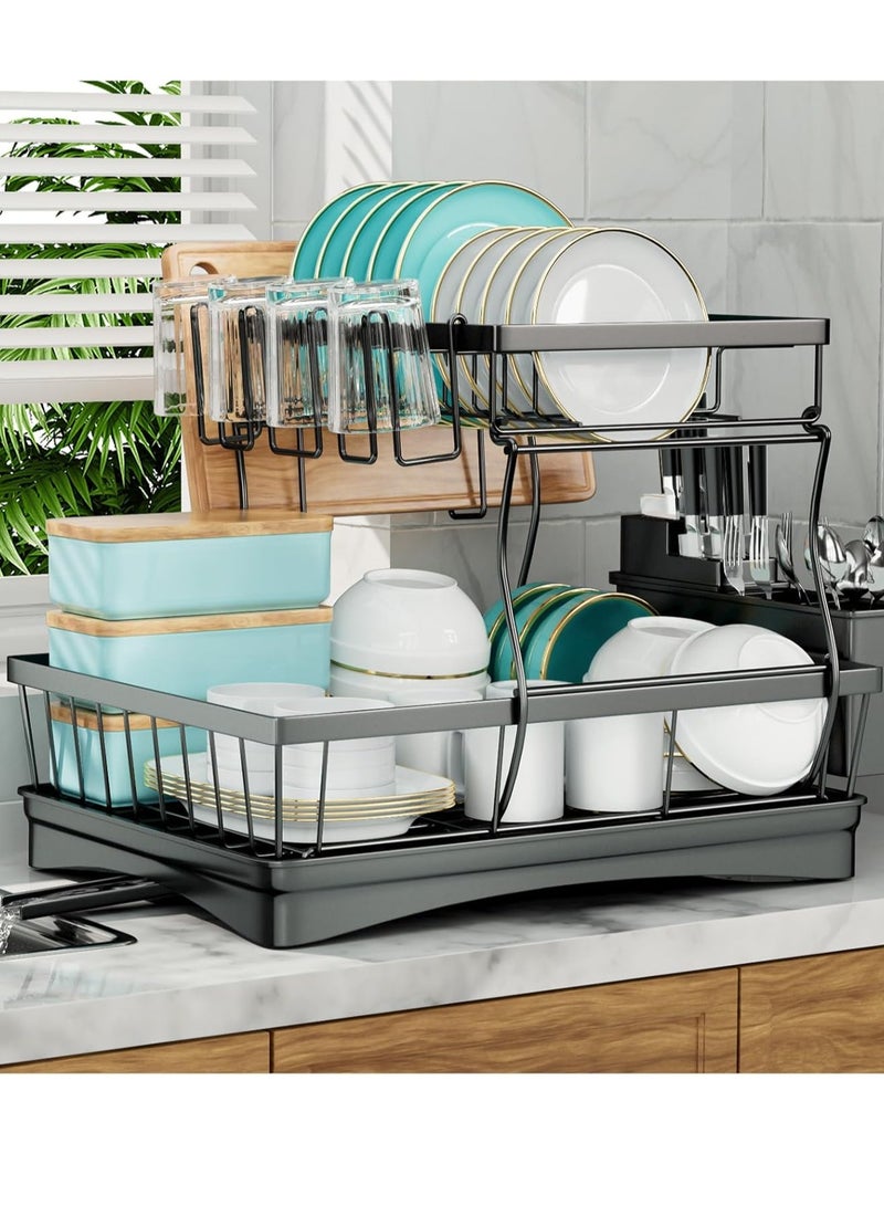 Meishida Large Dish Drying Rack for Kitchen Counter,Detachable Large Capacity Dish Drainer Organizer with Utensil Holder,2-Tier Dish Drying Rack with Drain Board - Black - Image 1