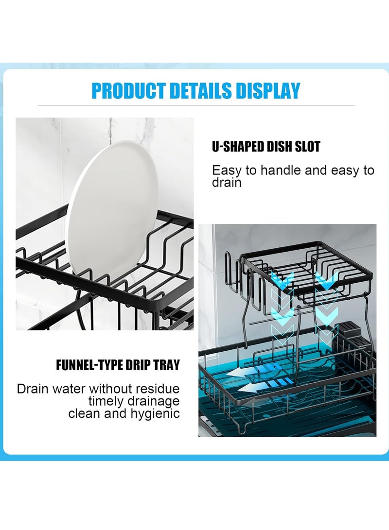 Meishida Large Dish Drying Rack for Kitchen Counter,Detachable Large Capacity Dish Drainer Organizer with Utensil Holder,2-Tier Dish Drying Rack with Drain Board - Black - Image 3