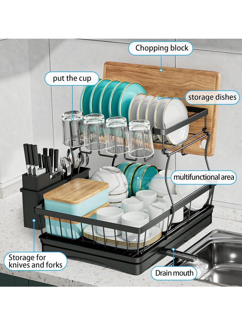 Meishida Large Dish Drying Rack for Kitchen Counter,Detachable Large Capacity Dish Drainer Organizer with Utensil Holder,2-Tier Dish Drying Rack with Drain Board - Black - Image 4
