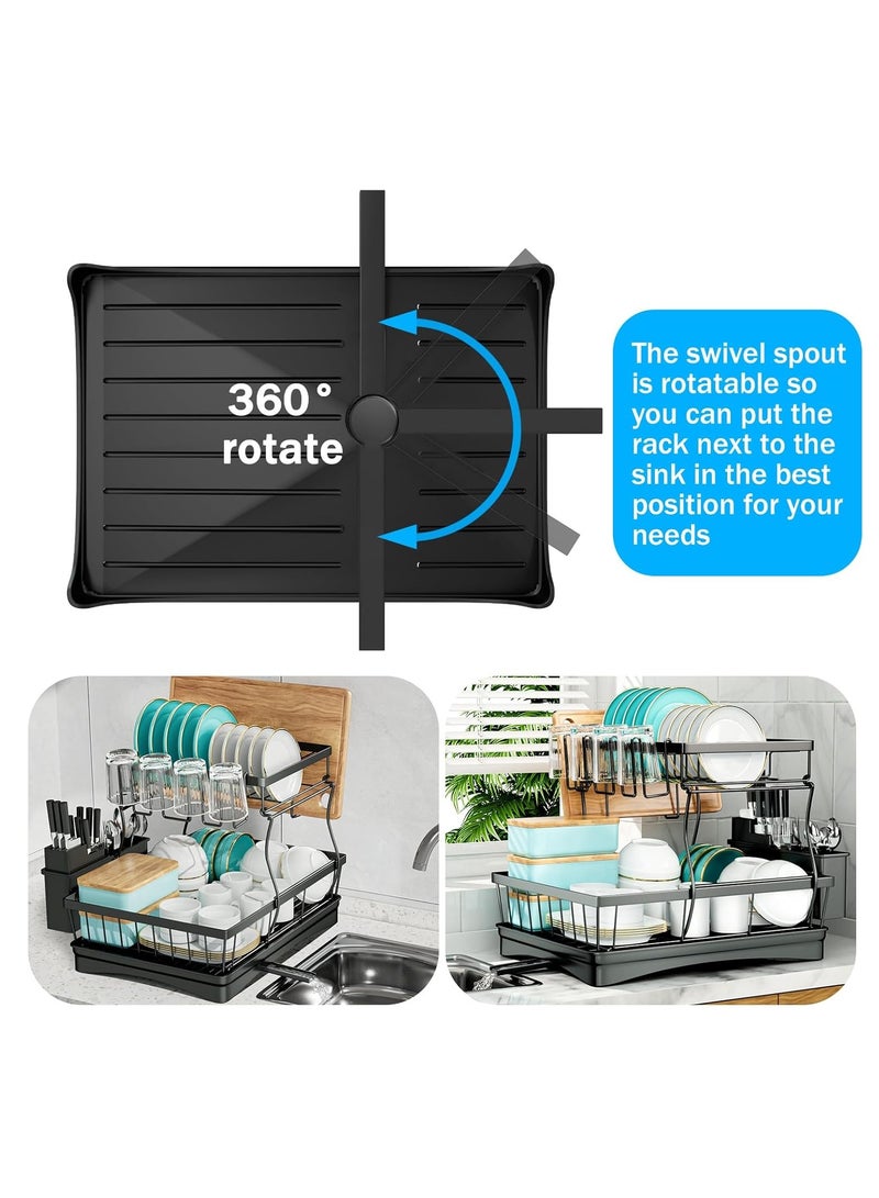 Meishida Large Dish Drying Rack for Kitchen Counter,Detachable Large Capacity Dish Drainer Organizer with Utensil Holder,2-Tier Dish Drying Rack with Drain Board - Black - Image 2