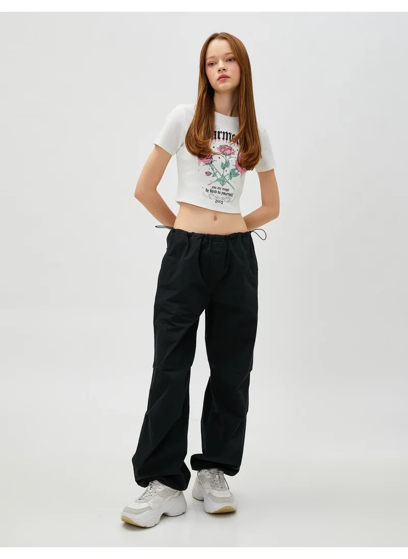 كوتون Crop T-Shirt Printed Short Sleeve Crew Neck Cotton