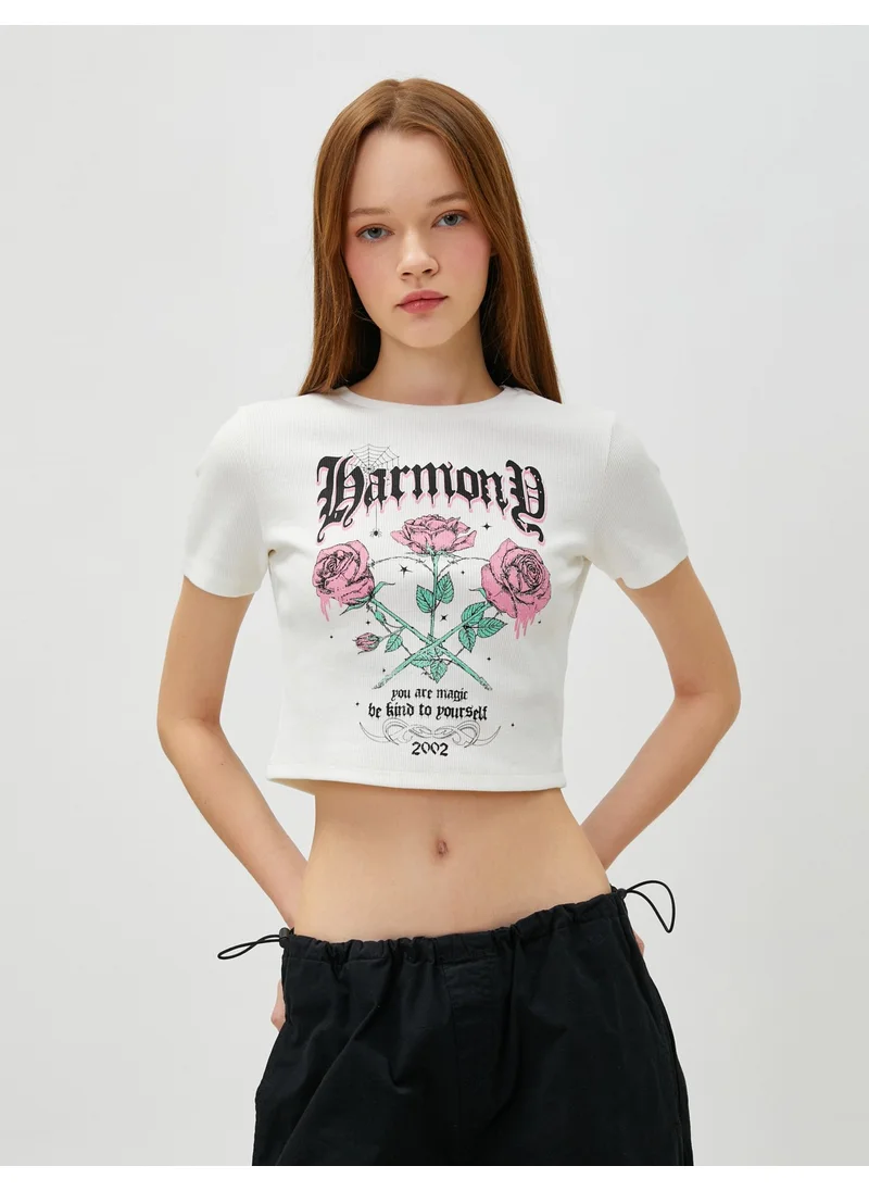 كوتون Crop T-Shirt Printed Short Sleeve Crew Neck Cotton