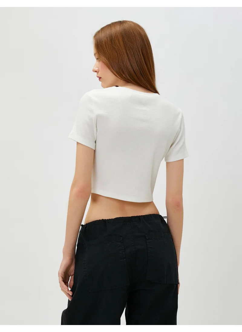 كوتون Crop T-Shirt Printed Short Sleeve Crew Neck Cotton