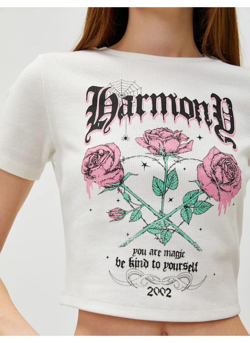 كوتون Crop T-Shirt Printed Short Sleeve Crew Neck Cotton