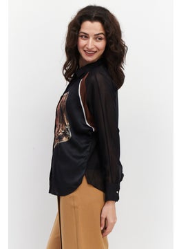 Couture Made For Vero Moda Women Spread Collar Long Sleeve Allover Printed Blouse, Black  - Image 2