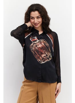 Couture Made For Vero Moda Women Spread Collar Long Sleeve Allover Printed Blouse, Black  - Image 1