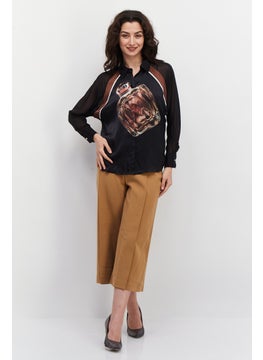 Couture Made For Vero Moda Women Spread Collar Long Sleeve Allover Printed Blouse, Black  - Image 4