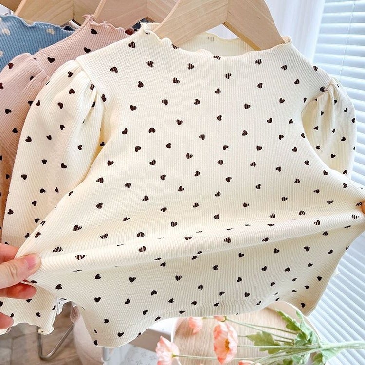 Spring and Autumn Women's Children's Wear T-shirt Base Shirt Baby Western Style Children's Personality Fashion Brand Korean Style Ear Edge Love Puff Sleeves - Image 3