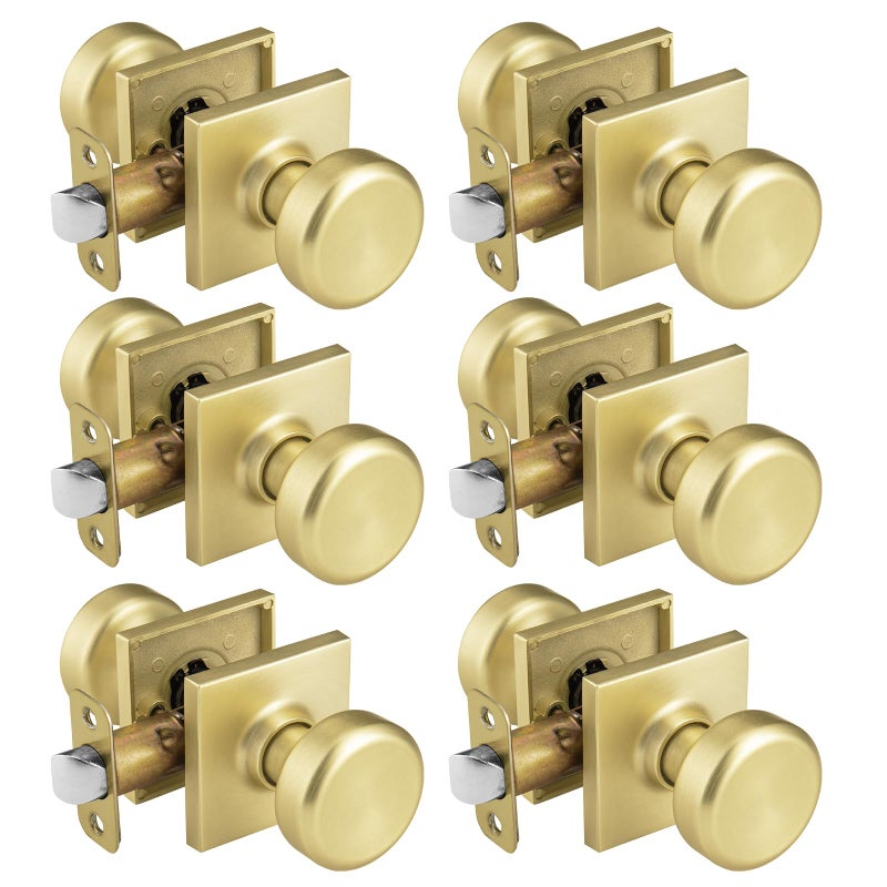 NCSEN 6 Pack Gold Interior Door Knobs for Hall & Closet, Pismo Doorknob with Square Rosette, Heavy Duty Passage Door Handle for Satin Brass - Image 1