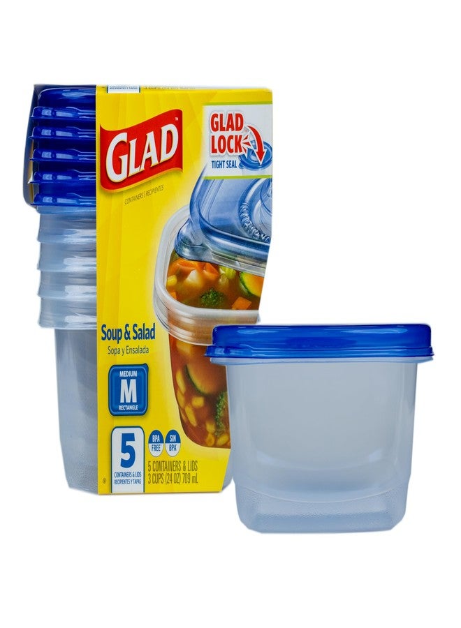 غلاد حاويات تخزين الطعام للحساء والسلطة من Glad GladWare - مستطيلة متوسطة الحجم - حاوية طعام تتسع لما يصل إلى 24 أونصة من الطعام - إغلاق محكم، 5 قطع - Image 1