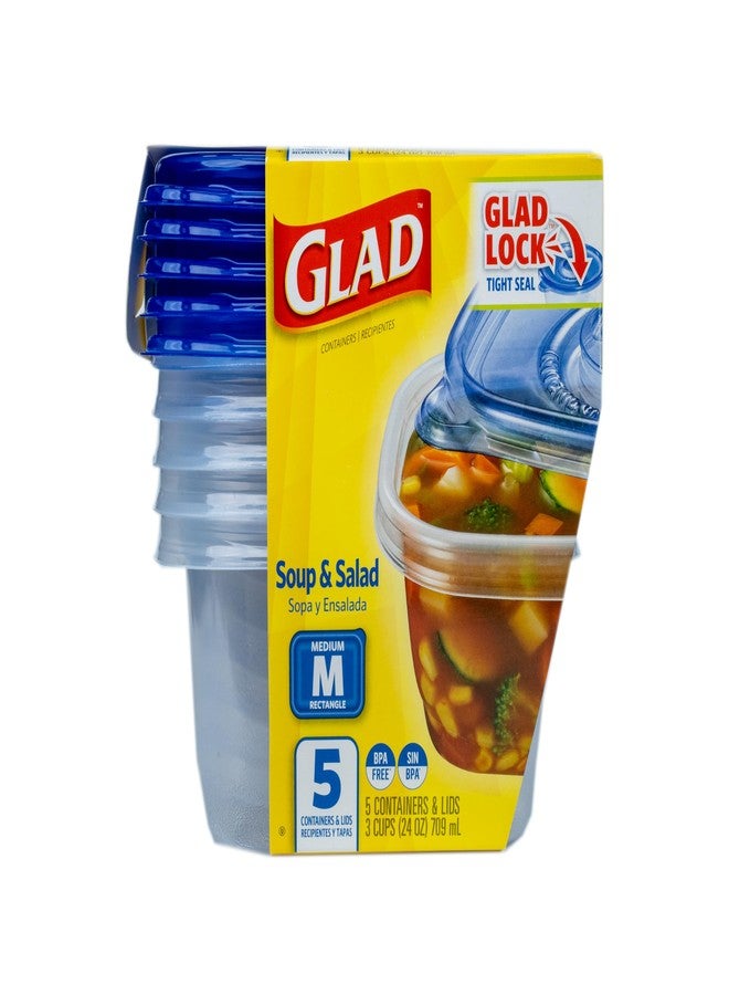 غلاد حاويات تخزين الطعام للحساء والسلطة من Glad GladWare - مستطيلة متوسطة الحجم - حاوية طعام تتسع لما يصل إلى 24 أونصة من الطعام - إغلاق محكم، 5 قطع - Image 2