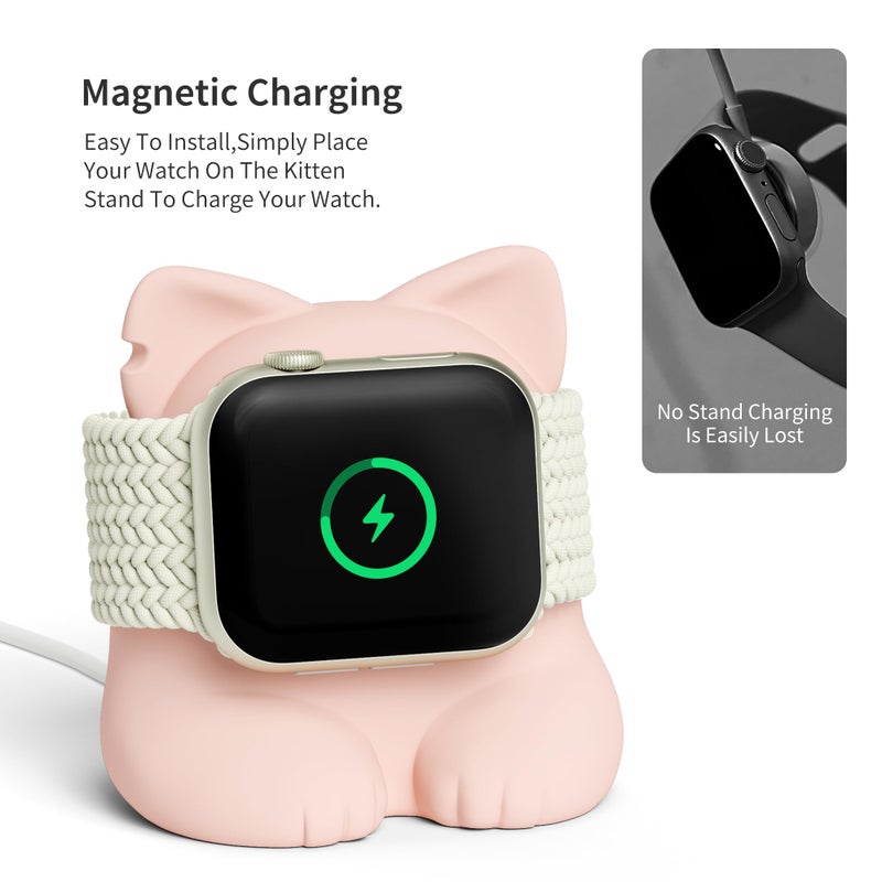 ELETIUO Charger Stand Compatible with Apple Watch Series 49/46/45/44/42/41/40/38mm iWatch Ultra2/Ultra/10/9/8/SE2/7/6/SE/5/4/3/2/1,Silicone Charging Dock Organizer Supports Night Stand Mode,Pink - Image 4