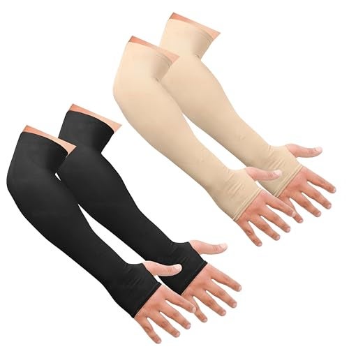 SNMMIFER UV Protection Arm Sleeves with Thumb Holes, Nylon Sun Protection Hand Cover for Running and Cycling, Unisex (2 Pair-Black And Skin) - Image 1