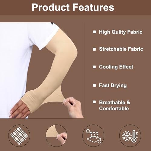 SNMMIFER UV Protection Arm Sleeves with Thumb Holes, Nylon Sun Protection Hand Cover for Running and Cycling, Unisex (2 Pair-Black And Skin) - Image 3