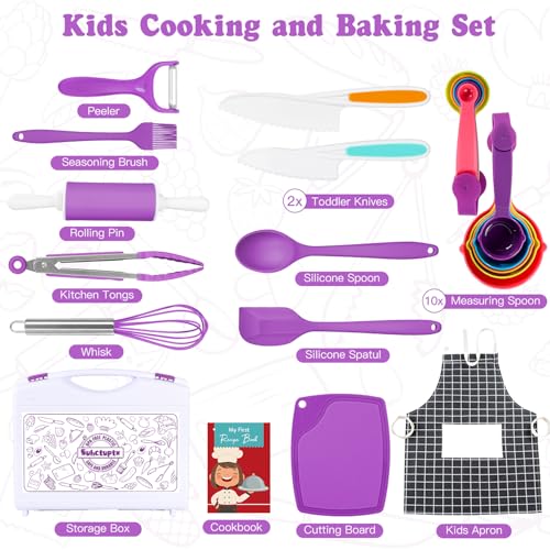 Suhctuptx Kids Cooking Sets Real Kids Cooking and Baking Set with Storage Case Kid Safe Knives Cutting Board Apron Cookbook Toddler Cooking Utensils Montessori Kitchen Tools Birthday Gifts for Girls Boys - Image 5