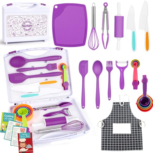 Suhctuptx Kids Cooking Sets Real Kids Cooking and Baking Set with Storage Case Kid Safe Knives Cutting Board Apron Cookbook Toddler Cooking Utensils Montessori Kitchen Tools Birthday Gifts for Girls Boys - Image 1