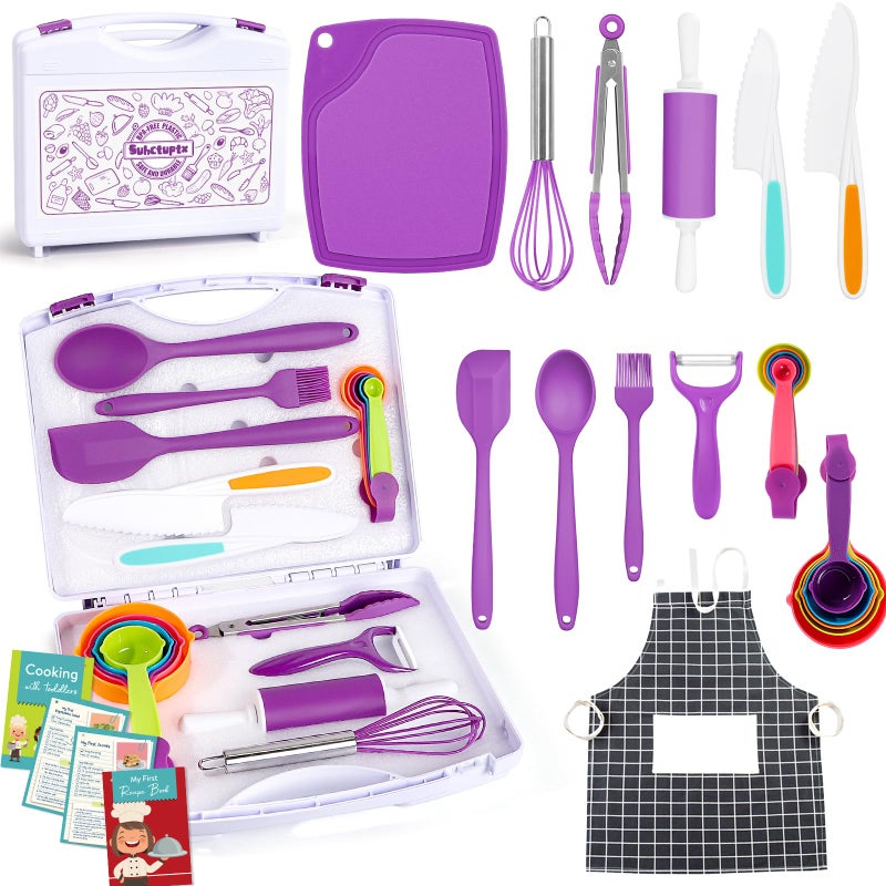 Suhctuptx Kids Cooking Sets Real Kids Cooking and Baking Set with Storage Case Kid Safe Knives Cutting Board Apron Cookbook Toddler Cooking Utensils Montessori Kitchen Tools Birthday Gifts for Girls Boys - Image 3