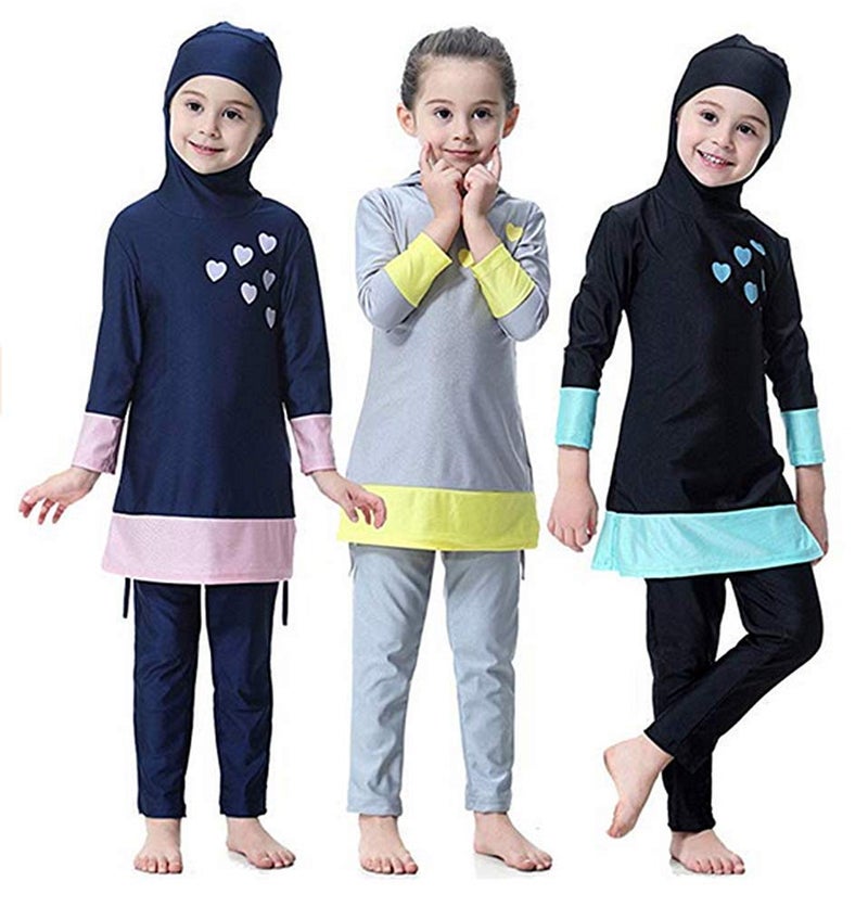 YEESAM Muslim Swimsuits for Girls Kids, Full Body Islamic Swimming Suits Burkini with Hijab Modest Swimwear Gray