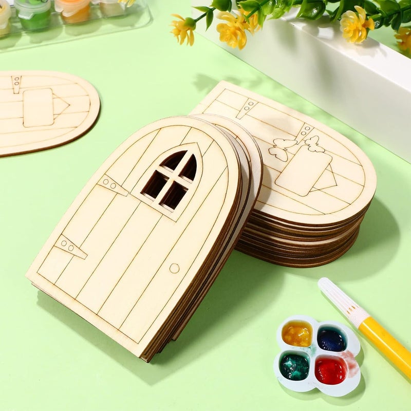 Haoser 10 Pcs Garden Miniature Decoration Miniature Figurines for Crafts unpainted Fairy House Door Miniature elf Door Fairy Garden House Dollhouse Ornament Doors and Windows Blank Wood (Design 2) - Image 5