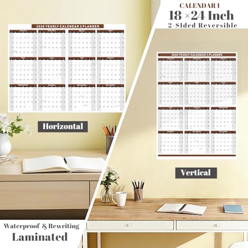 YvnShine 2 Pack 2026 Calendar Set, 18x24“ Laminated Wall Calendar with 12x18“ Cardstock Desk Calendar, 2 Sided Vertical and Horizontal Reversible, Yearly Grid Format Calendar for School, Home, Office (Brown) - Image 3