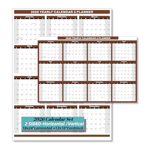 YvnShine 2 Pack 2026 Calendar Set, 18x24“ Laminated Wall Calendar with 12x18“ Cardstock Desk Calendar, 2 Sided Vertical and Horizontal Reversible, Yearly Grid Format Calendar for School, Home, Office (Brown) - Image 1
