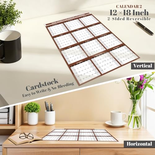YvnShine 2 Pack 2026 Calendar Set, 18x24“ Laminated Wall Calendar with 12x18“ Cardstock Desk Calendar, 2 Sided Vertical and Horizontal Reversible, Yearly Grid Format Calendar for School, Home, Office (Brown) - Image 4