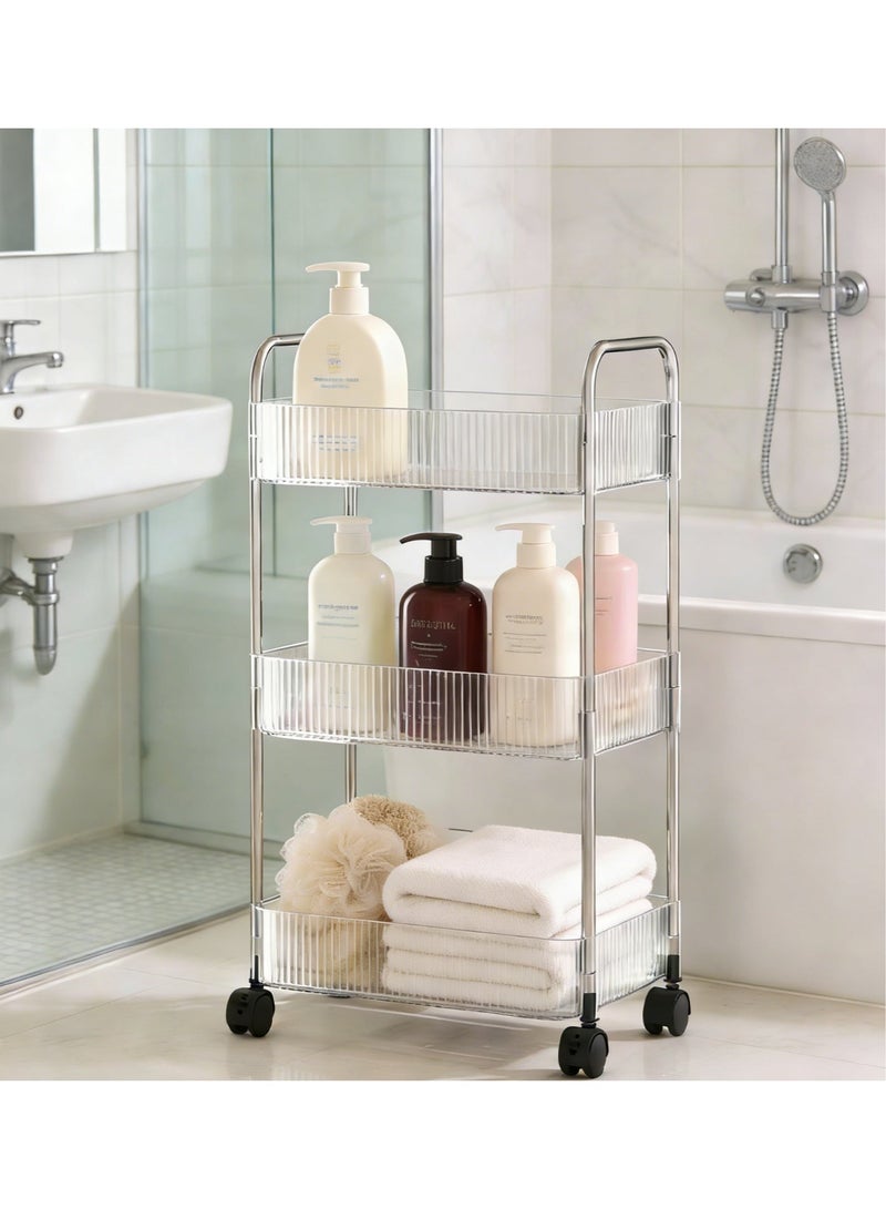 CKIKH 3 Tier Clear Acrylic Rolling Storage Trolley, Multi-Functional Organizer Rack with Lockable Wheels, Easy to Assemble for Bathroom, Kitchen & Office - Image 5