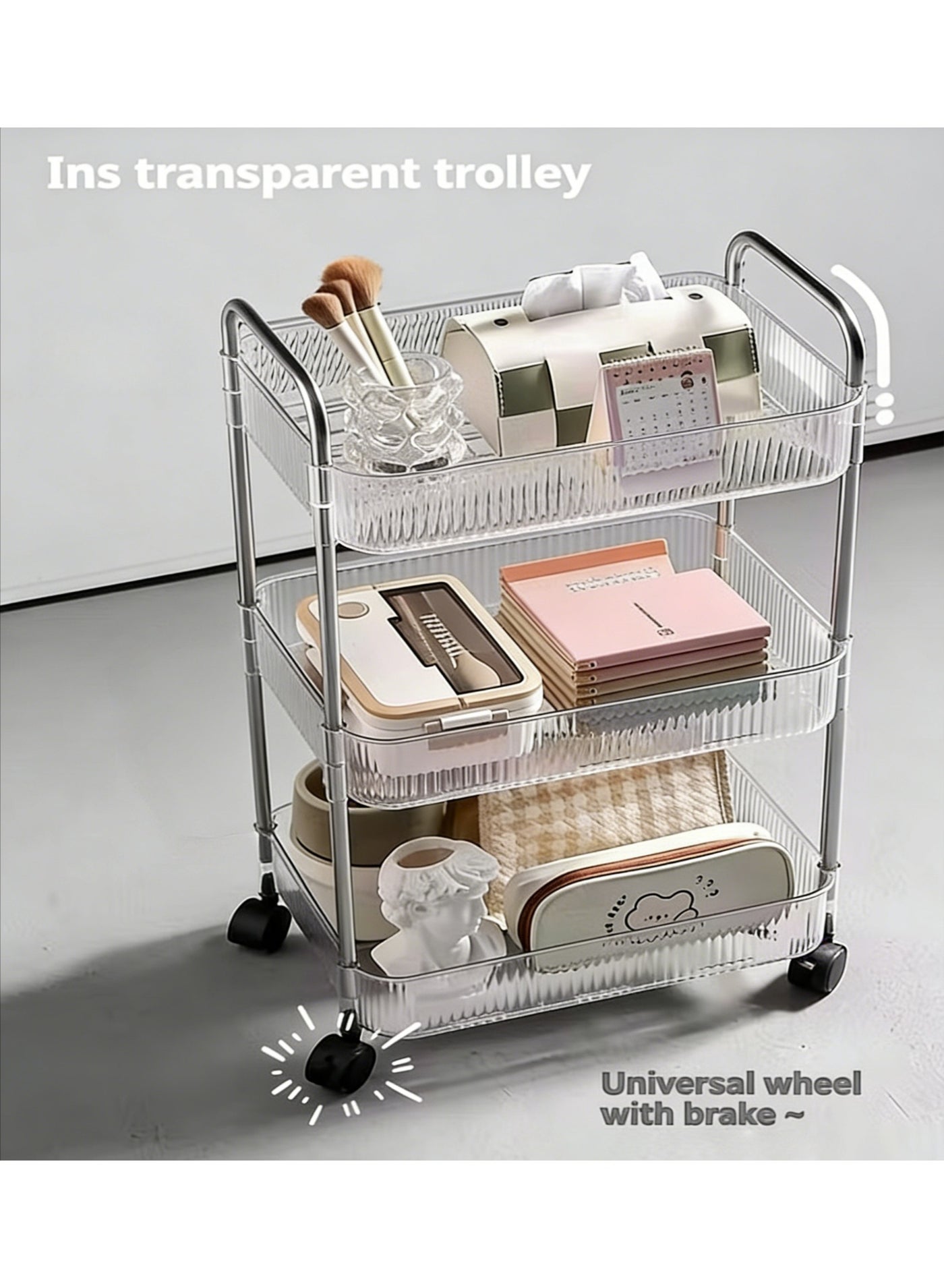 CKIKH 3 Tier Clear Acrylic Rolling Storage Trolley, Multi-Functional Organizer Rack with Lockable Wheels, Easy to Assemble for Bathroom, Kitchen & Office