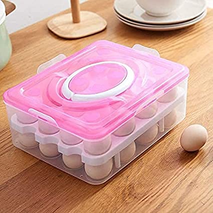 AMULAKH AMULAKH Double Layer 32 Grid Egg Storage Box for Egg Storage Container Holder with Lid and Tray Plastic Carrier Cases Refrigerator Fridge Kitchen Food Storage Box Outdoormulti Pink  - Image 1