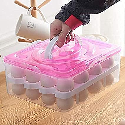 AMULAKH AMULAKH Double Layer 32 Grid Egg Storage Box for Egg Storage Container Holder with Lid and Tray Plastic Carrier Cases Refrigerator Fridge Kitchen Food Storage Box Outdoormulti Pink  - Image 2