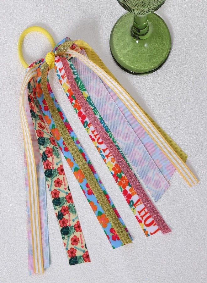 KCHIES Hawaiian Aloha Ribbon Ponytail Hair Streamer Tropical Hibiscus Flower Palm Print Elastic Hair Tie for Women   Girl Boho Luau Tiki Party Dress Swimsuit Decor Accessory Summer Beach Vacation Gift - Image 2