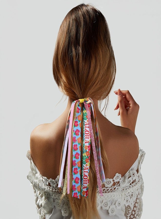 KCHIES Hawaiian Aloha Ribbon Ponytail Hair Streamer Tropical Hibiscus Flower Palm Print Elastic Hair Tie for Women   Girl Boho Luau Tiki Party Dress Swimsuit Decor Accessory Summer Beach Vacation Gift - Image 4