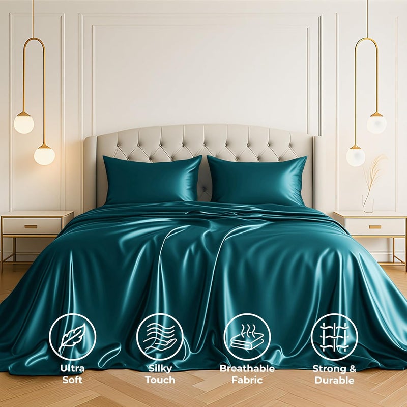 Pure Bedding Satin Sheets Full [4-Piece, Teal] Hotel Luxury Silky Bed Sheets - Extra Soft 1800 Microfiber Sheet Set, Wrinkle, Fade, Stain Resistant - Deep Pocket Fitted Sheet, Flat Sheet, Pillow Cases - Image 2