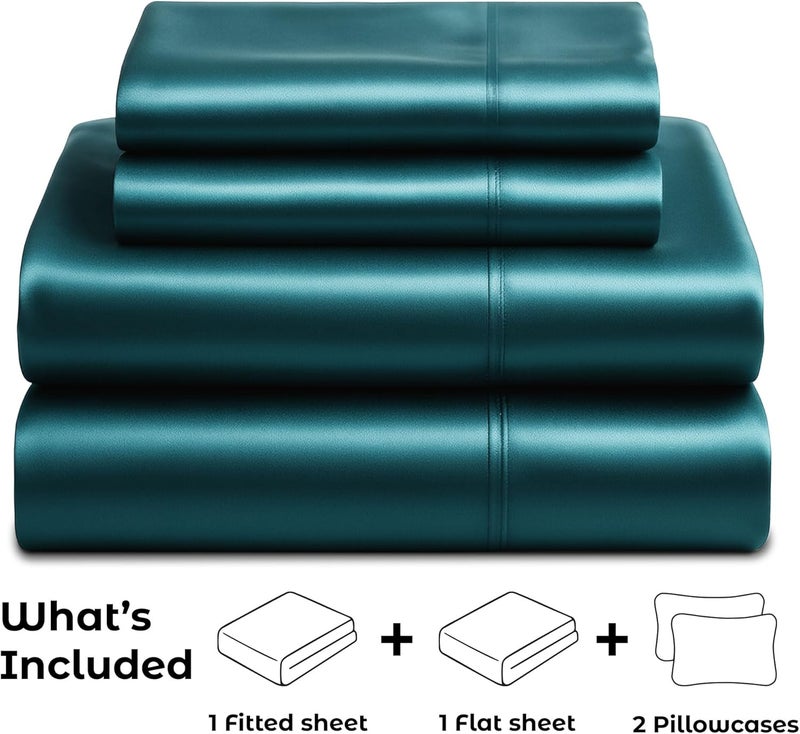Pure Bedding Satin Sheets Full [4-Piece, Teal] Hotel Luxury Silky Bed Sheets - Extra Soft 1800 Microfiber Sheet Set, Wrinkle, Fade, Stain Resistant - Deep Pocket Fitted Sheet, Flat Sheet, Pillow Cases - Image 4