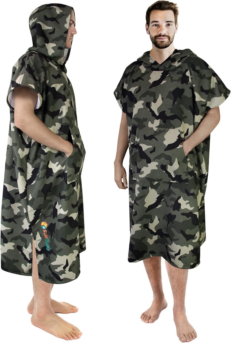 Suncube Surf Poncho Changing Robe with Hood | Quick Dry Microfiber Wetsuit Changing Towel with Pocket for Surfing Men Women, Camo Green, One size - Image 1