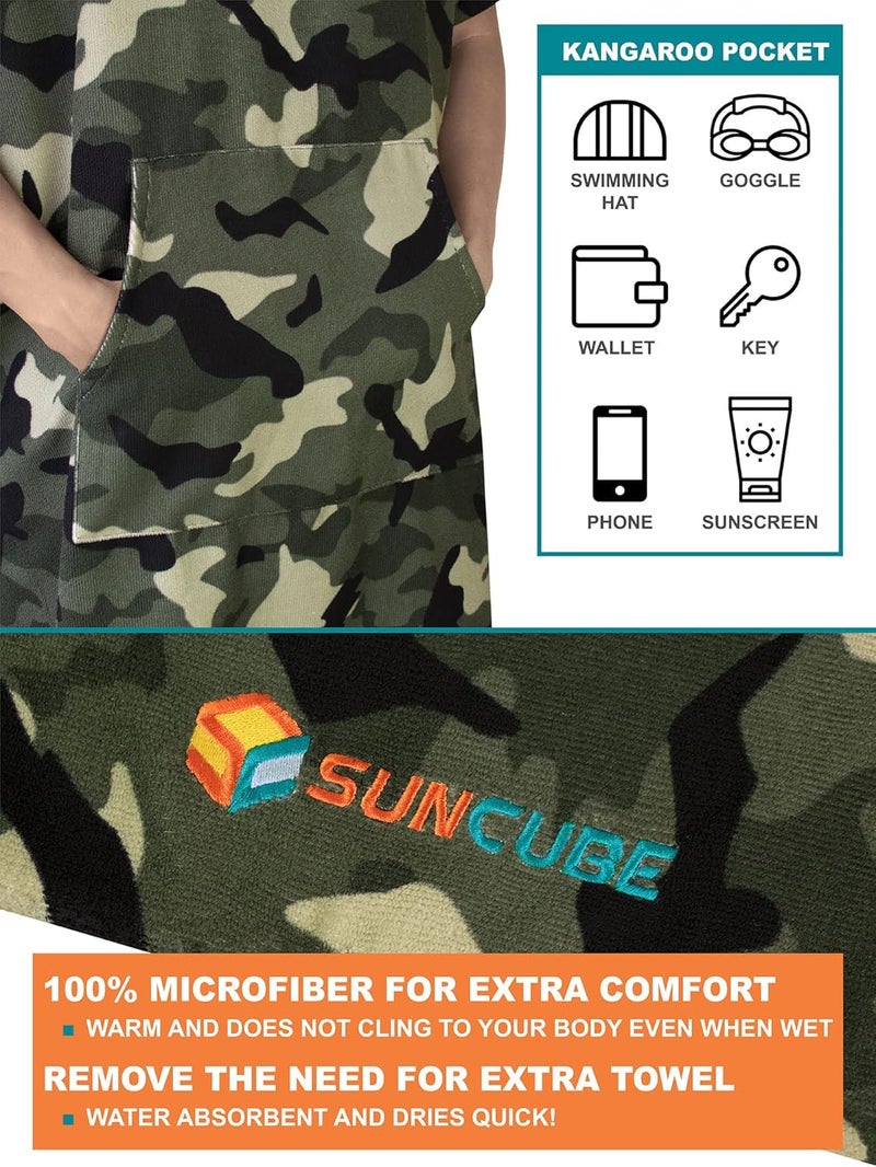 Suncube Surf Poncho Changing Robe with Hood | Quick Dry Microfiber Wetsuit Changing Towel with Pocket for Surfing Men Women, Camo Green, One size - Image 3