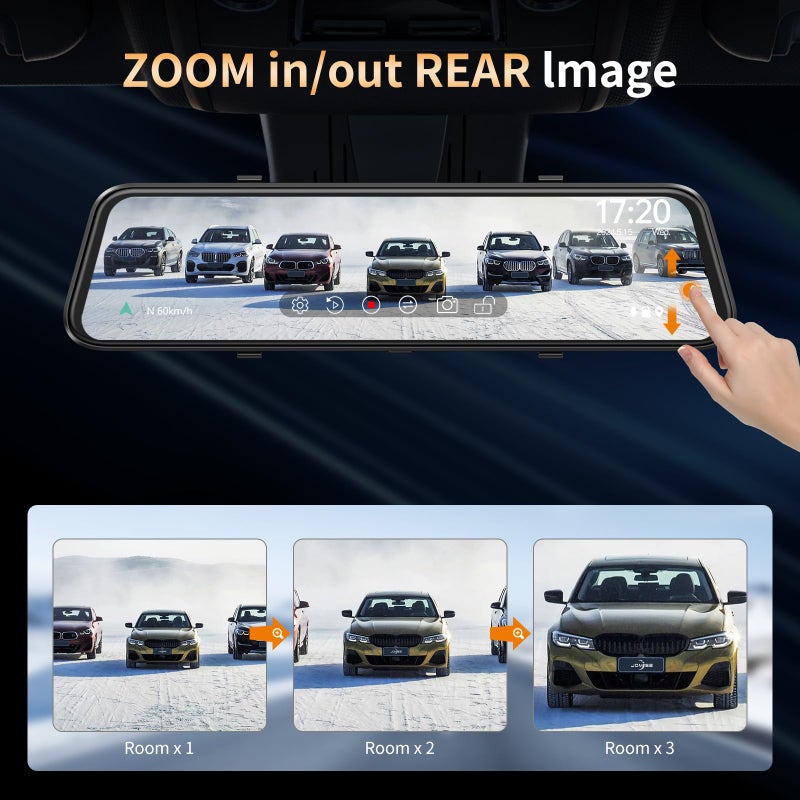 JOMISE 2.5K Mirror Dash Cam with Carplay Mirror & Android Auto, Dash Cam Front and Rear with Zoom Function,12 inches Rear View Mirror Camera with Voice Control/BT Call/64GB Card Included-JOMISE K17 Pro - Image 3