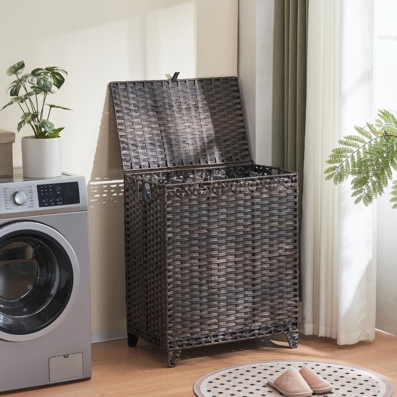 Hiagnete Laundry Hamper with Lid, 190L Large Laundry Basket 3 Section with 6 Removable Liner Bags & 3 Mesh Laundry Bags, Handwoven Rattan Clothes Hamper with Heightened Feet, No Install Needed, Brown - Image 2