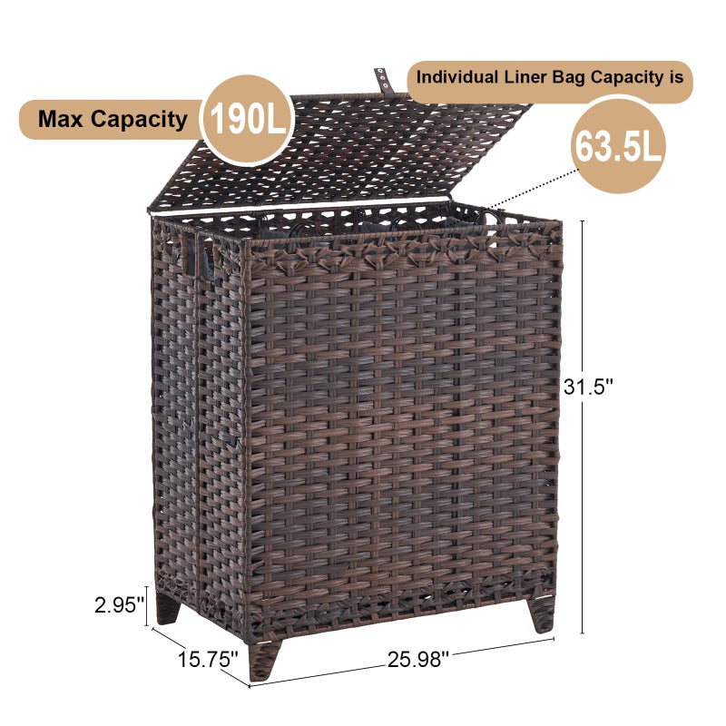 Hiagnete Laundry Hamper with Lid, 190L Large Laundry Basket 3 Section with 6 Removable Liner Bags & 3 Mesh Laundry Bags, Handwoven Rattan Clothes Hamper with Heightened Feet, No Install Needed, Brown - Image 4