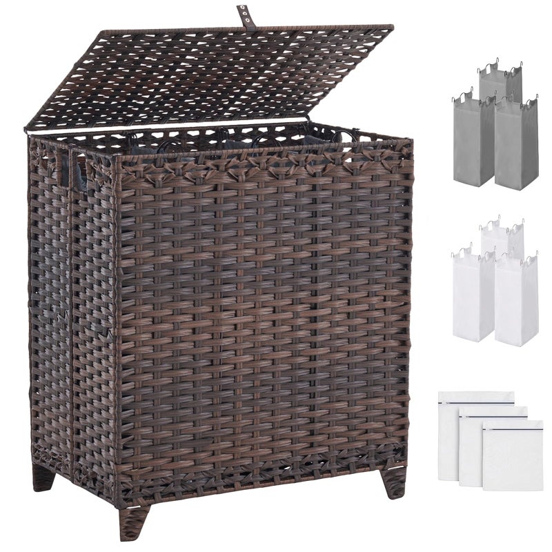Hiagnete Laundry Hamper with Lid, 190L Large Laundry Basket 3 Section with 6 Removable Liner Bags & 3 Mesh Laundry Bags, Handwoven Rattan Clothes Hamper with Heightened Feet, No Install Needed, Brown - Image 1