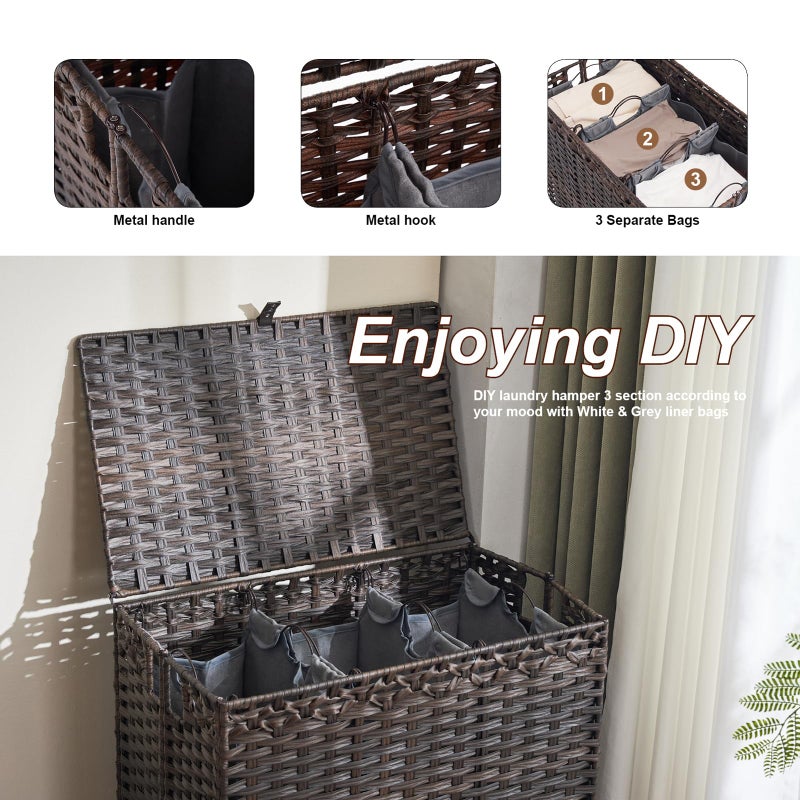 Hiagnete Laundry Hamper with Lid, 190L Large Laundry Basket 3 Section with 6 Removable Liner Bags & 3 Mesh Laundry Bags, Handwoven Rattan Clothes Hamper with Heightened Feet, No Install Needed, Brown - Image 5