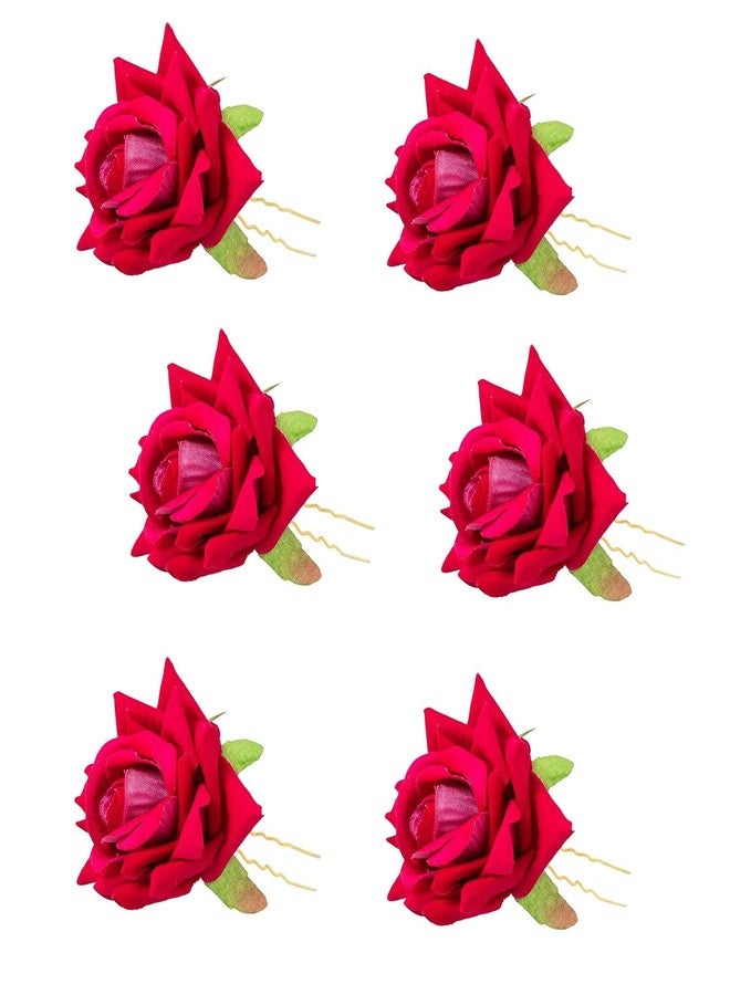 Homenique 6-Piece Artificial Rose U-Shape Hair Pins Set – Elegant Floral Bun Accessories for Women & Girls, Handmade Rose Juda Pins for Stylish Updos & Everyday Hair Styling (Dark Pink)