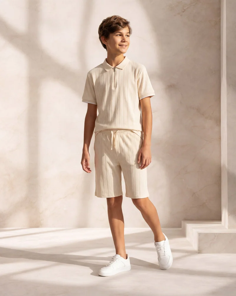 Redtag Senior Boys Ivory Striped Zip Neck Polo And Shorts Set
